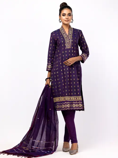 Purple Printed and Embroidered Mixed Cotton Kameez